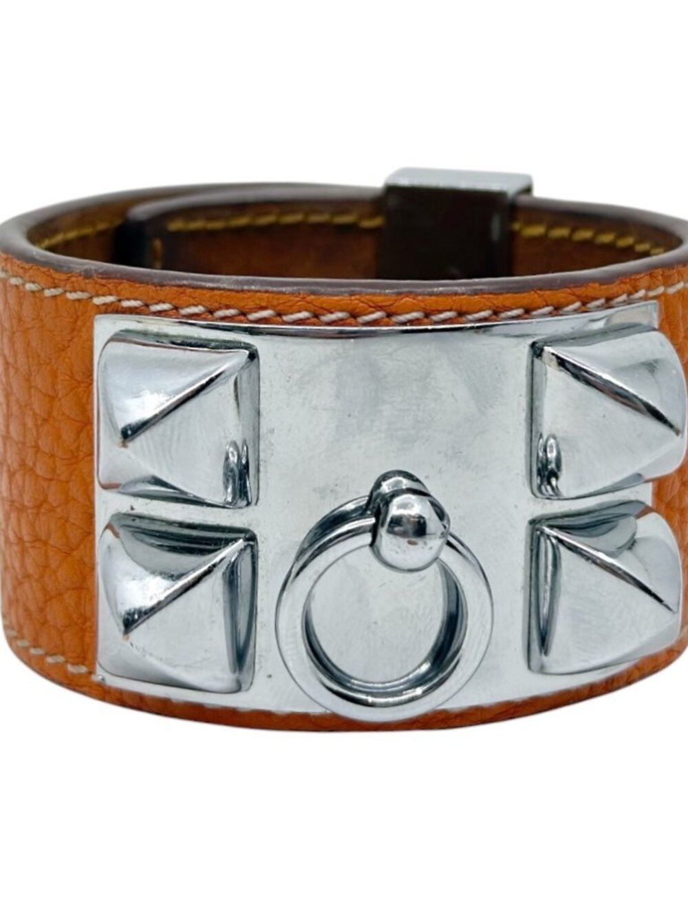 Hermes Paris Collier de Chien orange leather palladium plated bracelet S9 J